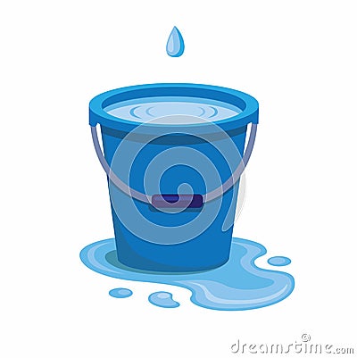 Blue plastic bucket filled water from trickle leaking water spilled on the floor, liquid container with handle isolated with white Vector Illustration