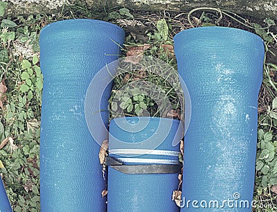 Blue Plastic Pipes For New Water System ready in stock Stock Photo