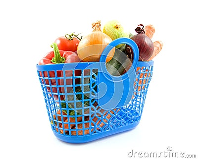 Blue plastic shopping bag with grocery Stock Photo