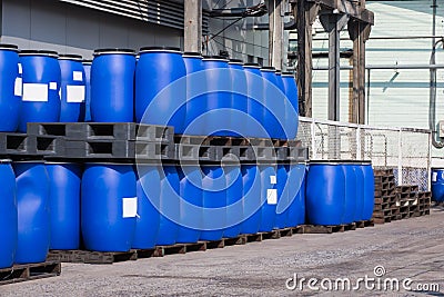 Blue Plastic Storage Drums containers for liquids in Chemical Pl Stock Photo