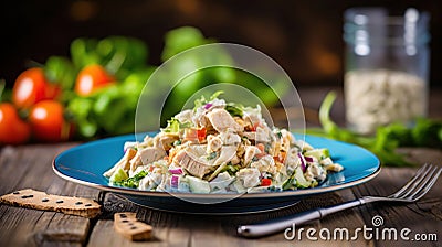 Blue Plate with tasty chicken salad and measuring tape on wooden table, generative ai Stock Photo