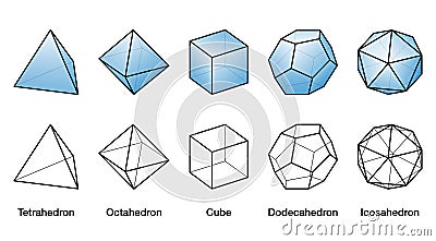 Blue Platonic solids and black wireframe models with same size Vector Illustration