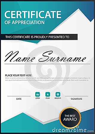 Blue polygon Elegance vertical certificate with Vector illustration ,white frame certificate template with clean and modern Vector Illustration