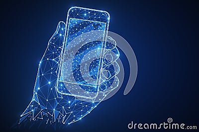 Blue polygonal hand with smartphone Stock Photo