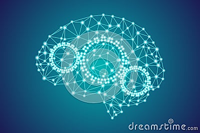 Blue polygonal plexus human brain with gears Vector Illustration