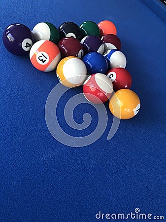 Blue Pool Table coloured numbered balls Stock Photo