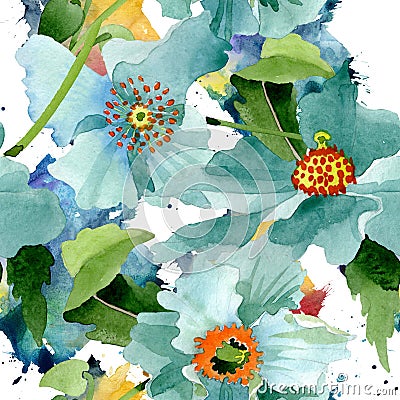 Blue poppy floral botanical flower. Watercolor background illustration set. Seamless background pattern. Cartoon Illustration