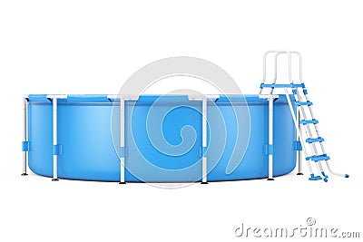 Blue Portable Outdoor Round Swimming Water Pool with Ladder. 3d Stock Photo