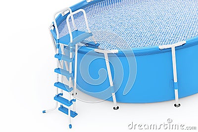 Blue Portable Outdoor Round Swimming Water Pool with Ladder. 3d Stock Photo