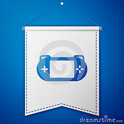 Blue Portable video game console icon isolated on blue background. Gamepad sign. Gaming concept. White pennant template Vector Illustration