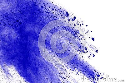 Blue powder explosion on white background. Colored cloud. Color dust explode. Paint Holi. Stock Photo