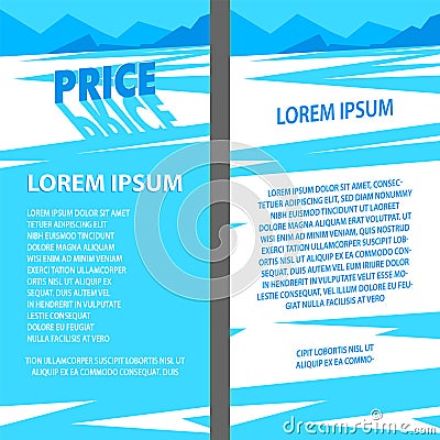 Blue Price text with long shadow on snowy mountain slope. Sunny winter flat landscape banners set Vector Illustration
