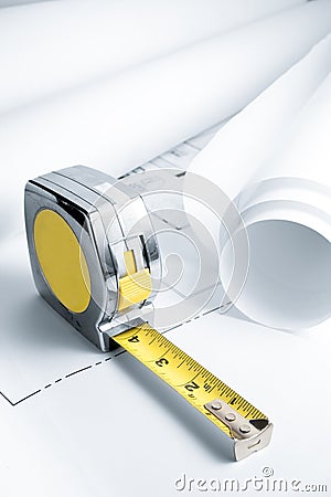 Blue Prints with Measuring Tape Stock Photo