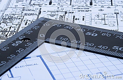 Blue prints and ruler Stock Photo