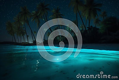 ocean blue vacation beach palm luminous sky tree night tropical paradise. Generative AI. Stock Photo