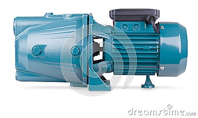 Blue pump to supply water to station water supply. Isolated white background. Metal Powerful body of pump, pressure Stock Photo