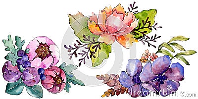 Blue purple bouquet floral botanical flowers. Watercolor background set. Isolated bouquets illustration element. Cartoon Illustration