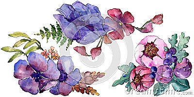 Blue purple bouquet floral botanical flowers. Watercolor background set. Isolated bouquets illustration element. Cartoon Illustration