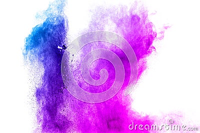 Blue-Purple color powder explosion cloud isolated on white background. Stock Photo