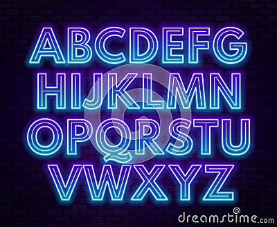 Blue purple gradient neon alphabet on a dark background . Bright font for decoration.Capital letter. Vector Illustration