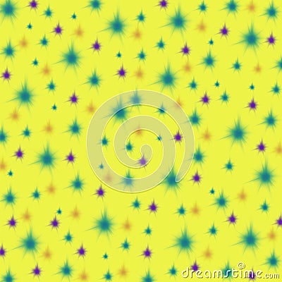 Blue, purple and orange sparkles on a pastel yellow background, a seamless endless pattern Stock Photo