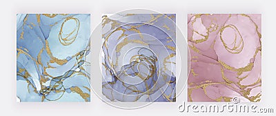 Blue, purple and pink alcohol ink with gold glitter texture. Abstract hand painted watercolor backgrounds. Vector Illustration