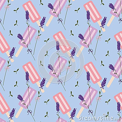 Blue, purple and pink lavender popsicle seamless pattern. Vector Illustration