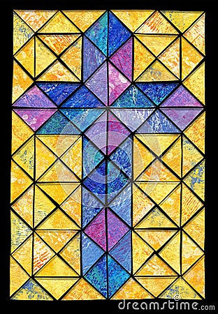 blue, purple, pink stained glass effect cross on yellow and orange textural background Stock Photo