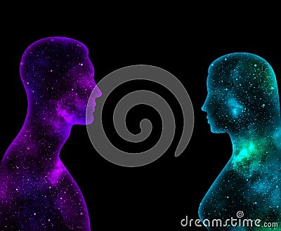 Blue and purple universes in the shape of a couple on a black background Stock Photo