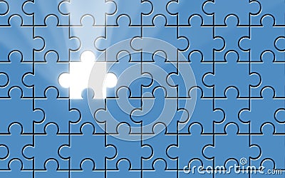 Blue puzzle with missing piece and light beam Stock Photo