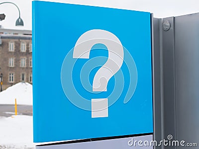 Blue question mark sign, tourist information center, Montreal, Quebec, Canada Stock Photo