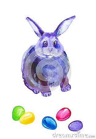 The blue rabbit sits and looks at the colorful Easter eggs. Watercolor illustration isolated on white background Cartoon Illustration