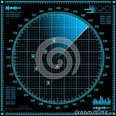 Blue radar screen. HUD interface. Vector Illustration