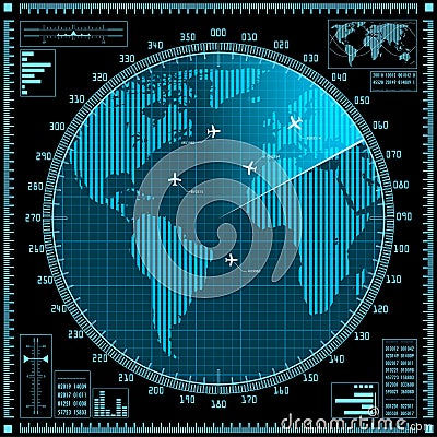 Blue radar screen with planes and world map Vector Illustration