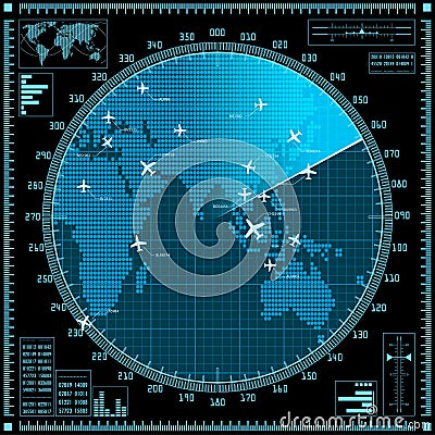 Blue radar screen with planes and world map Vector Illustration