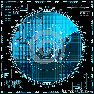 Blue radar screen with planes and world map Vector Illustration