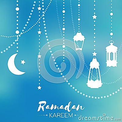 Blue Ramadan Kareem celebration greeting card. Hanging arabic lamp, Vector Illustration