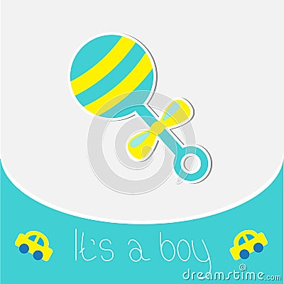 Blue rattle. Baby boy shower card Vector Illustration