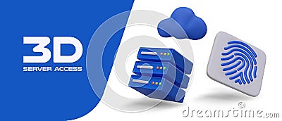 Blue realistic server, cloud, fingerprint. Secure data storage. Personalized access and control Vector Illustration