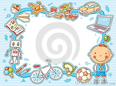 Blue Rectangular Frame with a Child and his Things Vector Illustration