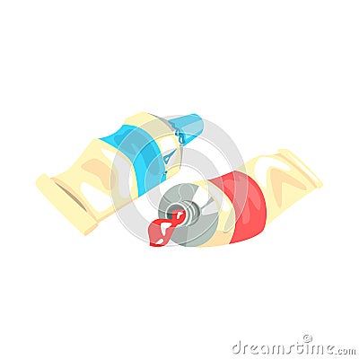 Blue and red acrylic paint tubes. Artistic equipment colorful cartoon vector Illustration Vector Illustration