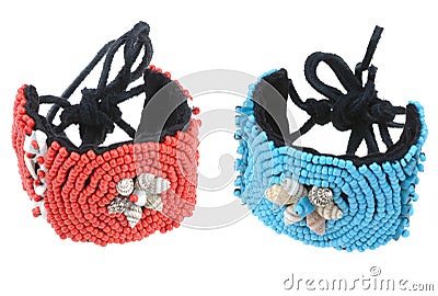 Blue and red beads bracelets isolated Stock Photo