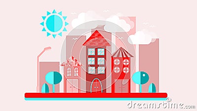 Blue with red cityscape in a flat style. The city with houses with sloping roof and various beautiful tiles with a lantern sun-shi Vector Illustration