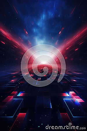 Blue red floating shiny cube network. Space, motion 3d background. Vertical Stock Photo