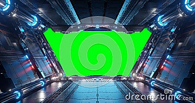 Blue and red futuristic spaceship interior with green window 3d rendering Stock Photo