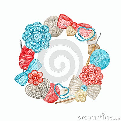 Blue red gray beige Crochet Shop Logotype round frame, Branding, Avatar composition of hooks, yarns, crocheted heart Stock Photo