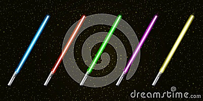 Blue, red, green, pink and yellow laser sword lightsaber set isolated on starry black galaxy background. May the 4th be Vector Illustration