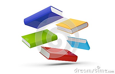 Blue, red, green and yellow hardcover books flying over white background Cartoon Illustration