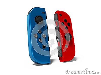 Blue and red joystick wireless gamepad without tablet front view 3d render on white background with shadow Stock Photo