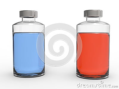 Blue and red liquids in small glass vials Stock Photo